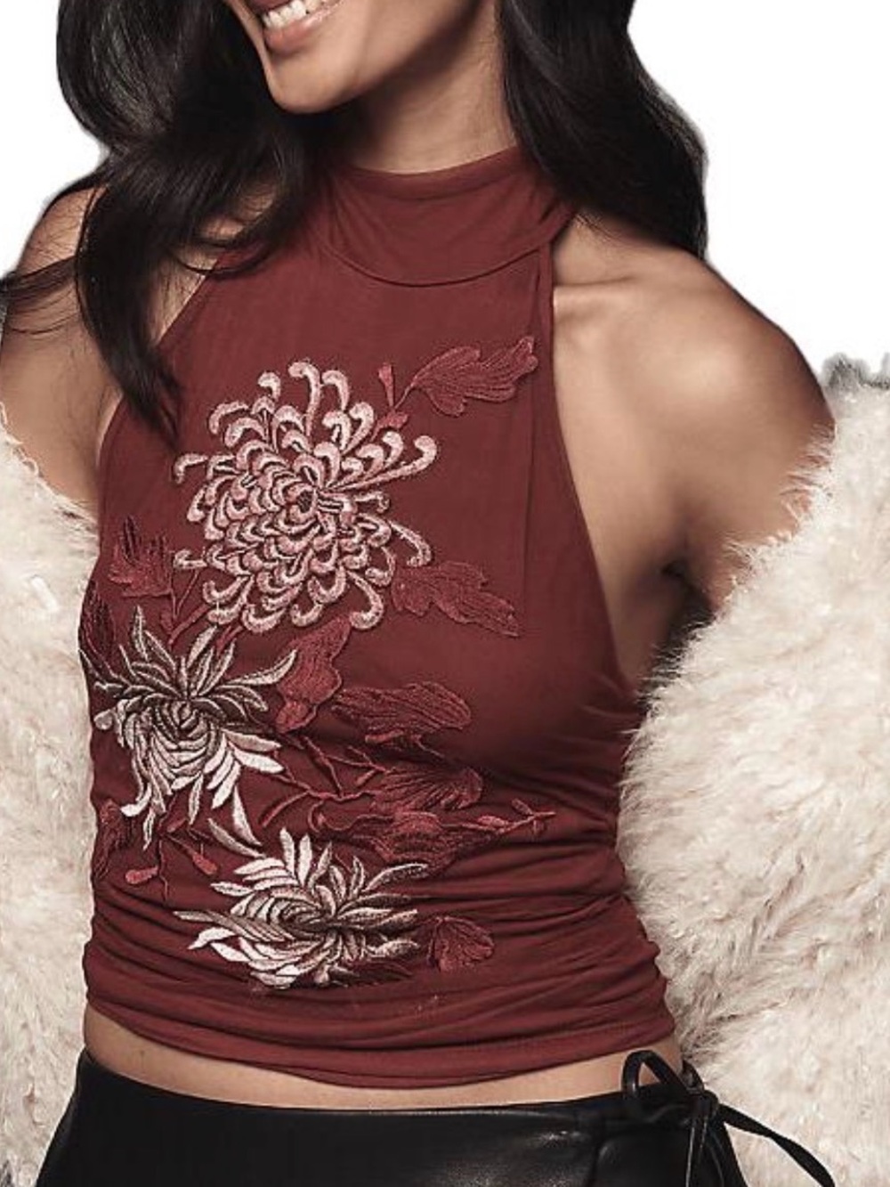 Anthropologie Backless Mock Neck Tank Top Cabernet Embroidered Size Medium New